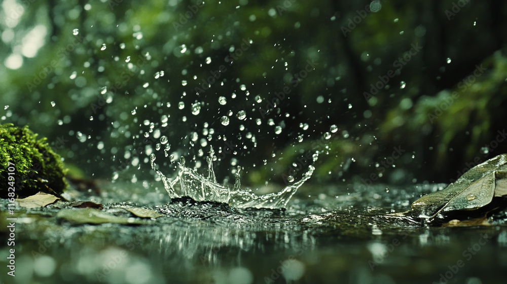 Raindrops create ripples in serene forest stream, enhancing nature beauty Raindrops create ripples in serene forest stream, enhancing nature beauty