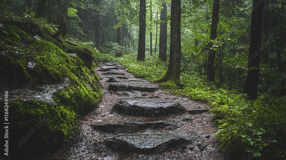 Fototapeta premium moody rain soaked path in dense forest with lush greenery and stones