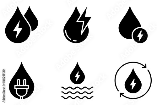 Hydropower icon set, water drop with thunderbolt lightning icon, electric vehicle, environment, nature symbol on white background