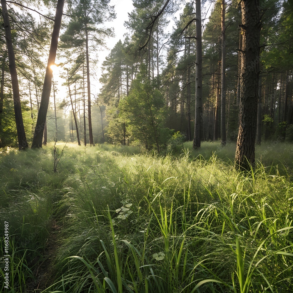 Fototapeta premium Sunlight streaming through lush forest canopy illuminating a verdant woodland path