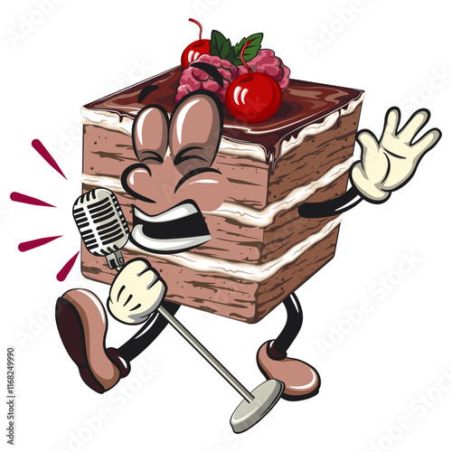 black forest cake cute cartoon isolated vector illustration character mascot sing earnestly with maximum style, work of hand drawn