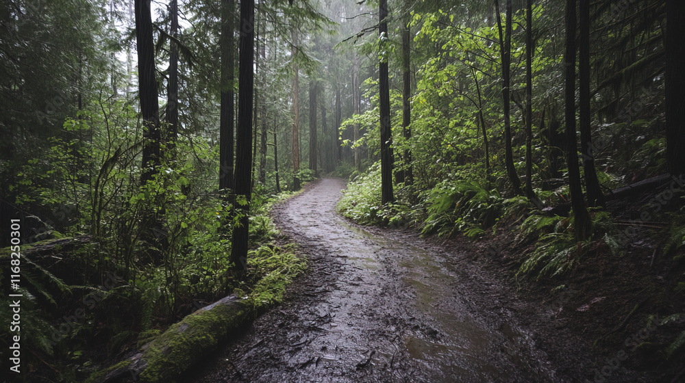 Fototapeta premium picturesque path cutting through rainy forest, surrounded by lush greenery