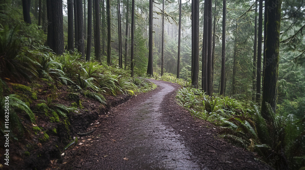 Fototapeta premium winding path through lush, rainy forest with tall trees and ferns
