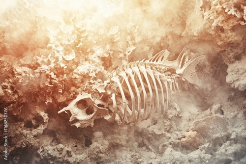 A fish skeleton lies half-buried in ancient coral, a relic of a forgotten underwater world.
