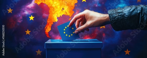 Voting in the European Union Election Hand Ballot Box Europe Map Blue Background Democracy Choice Candidate photo