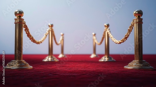 Luxurious Red Carpet Event with Golden Stanchions Velvet Rope Elegant Display Indoor Exhibition photo