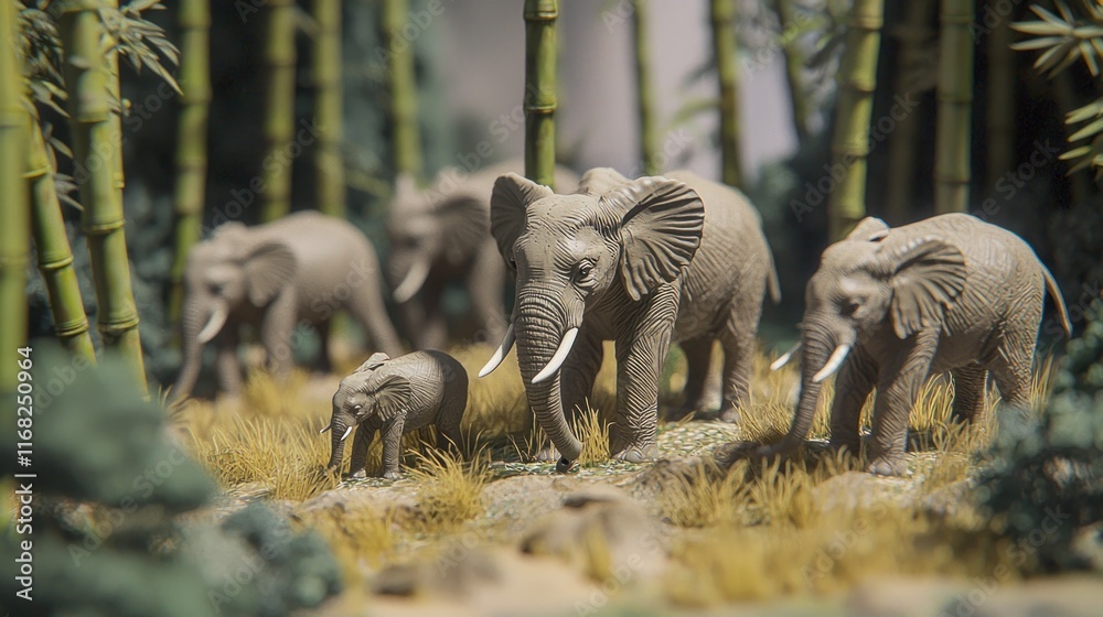 A family of elephants walking through a bamboo forest. A family of elephants walking through a bamboo forest.