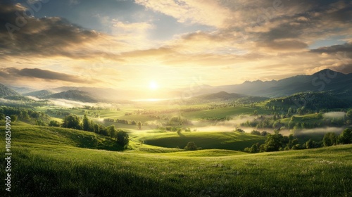 Sunrise Sereneity: Misty Mountain Meadow at Dawn 