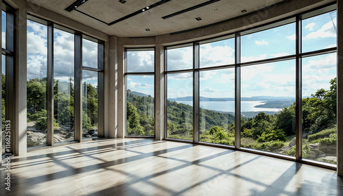 A vast room with a panoramic outlook and lots of windows that let in light