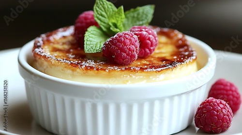 Delicious Cr me br l e Dessert with Raspberries and Mint Garnish Close up Shot photo