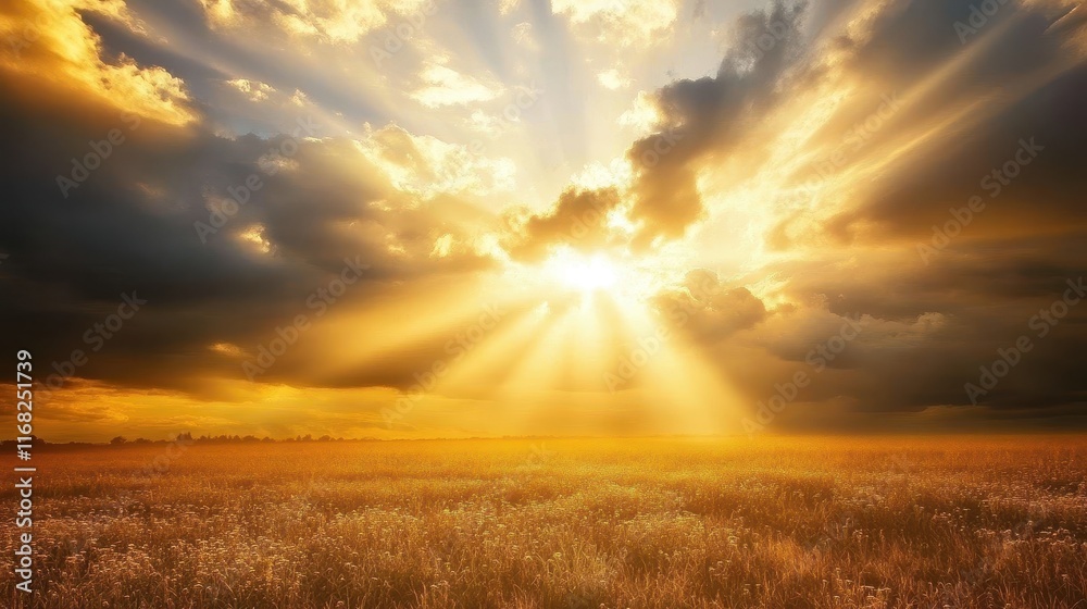 Golden rays of light breaking through dark clouds over an open field Golden rays of light breaking through dark clouds over an open field