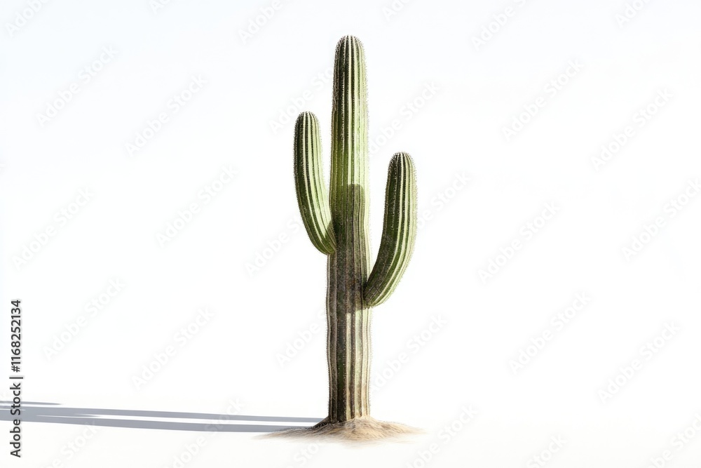 Tall cactus with three arms stands against a white background, showcasing its unique texture and form. Tall cactus with three arms stands against a white background, showcasing its unique texture and form.