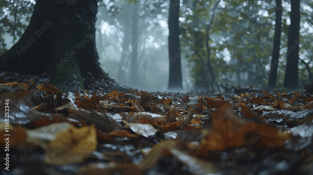 spooky forest scene on rainy morning with wet leaves covering ground spooky forest scene on rainy morning with wet leaves covering ground