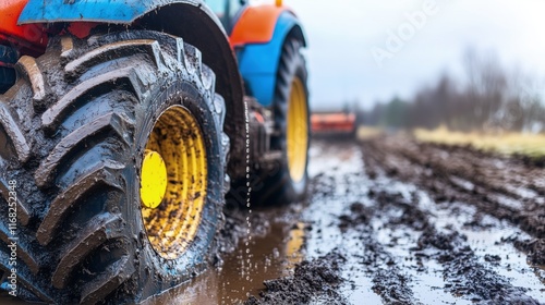 Closeup of tractor tires on a muddy road with a farm background. Climate, environment. A blue and orange harvester with yellow rims driving through the sleet and dirt after rain