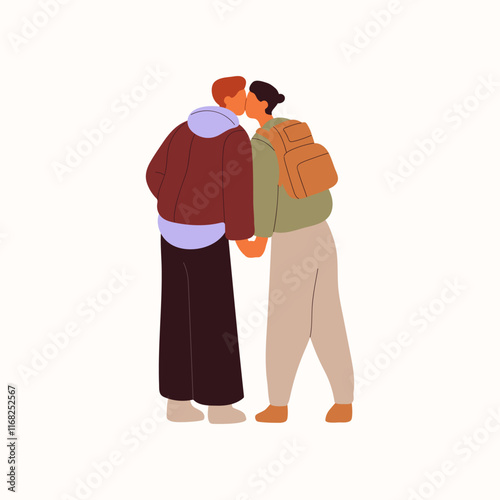 Teen people love each other, walks together. Romantic couple holds hands, kisses back view. Boyfriend and girlfriend at date. Cute beloveds stroll outdoors. Flat isolated vector illustration on white
