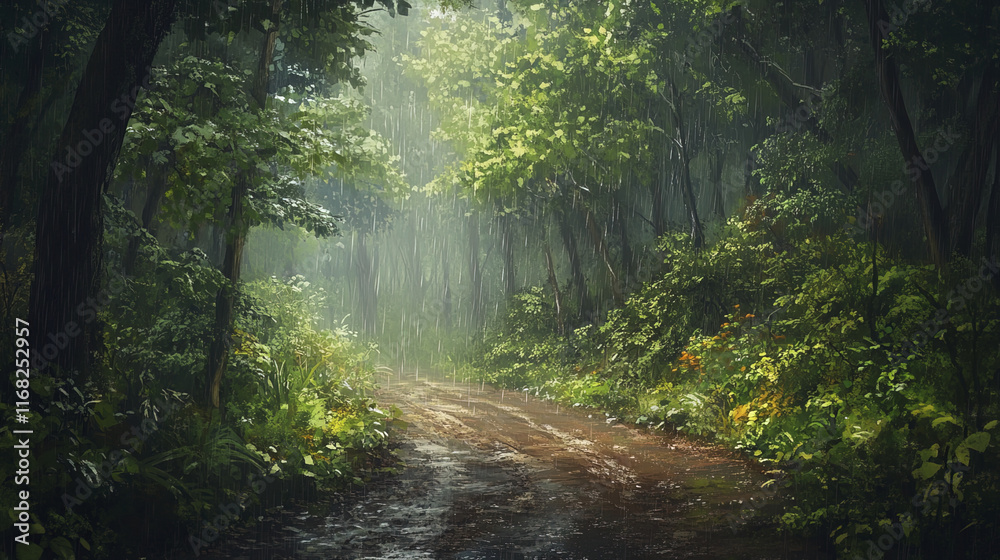 Fototapeta premium tranquil rainy forest path with earthy trail and lush greenery