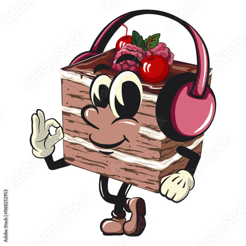 black forest cake cute cartoon isolated vector illustration character mascot listening to headset while dancing, work of hand drawn