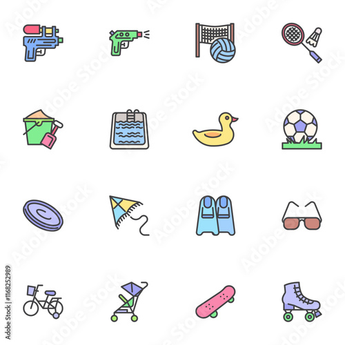 Summer toys filled outline icons set