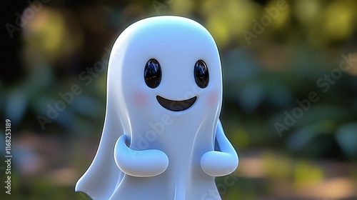 Happy 3D ghost outdoors, smiling, bokeh background, Halloween photo