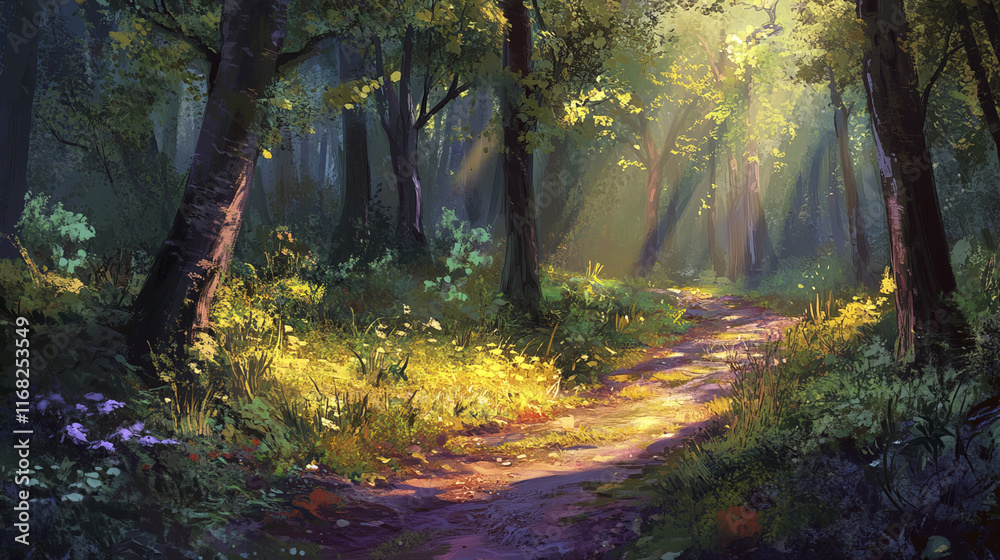 Fototapeta premium vibrant forest scene with winding path and sunlight filtering through trees