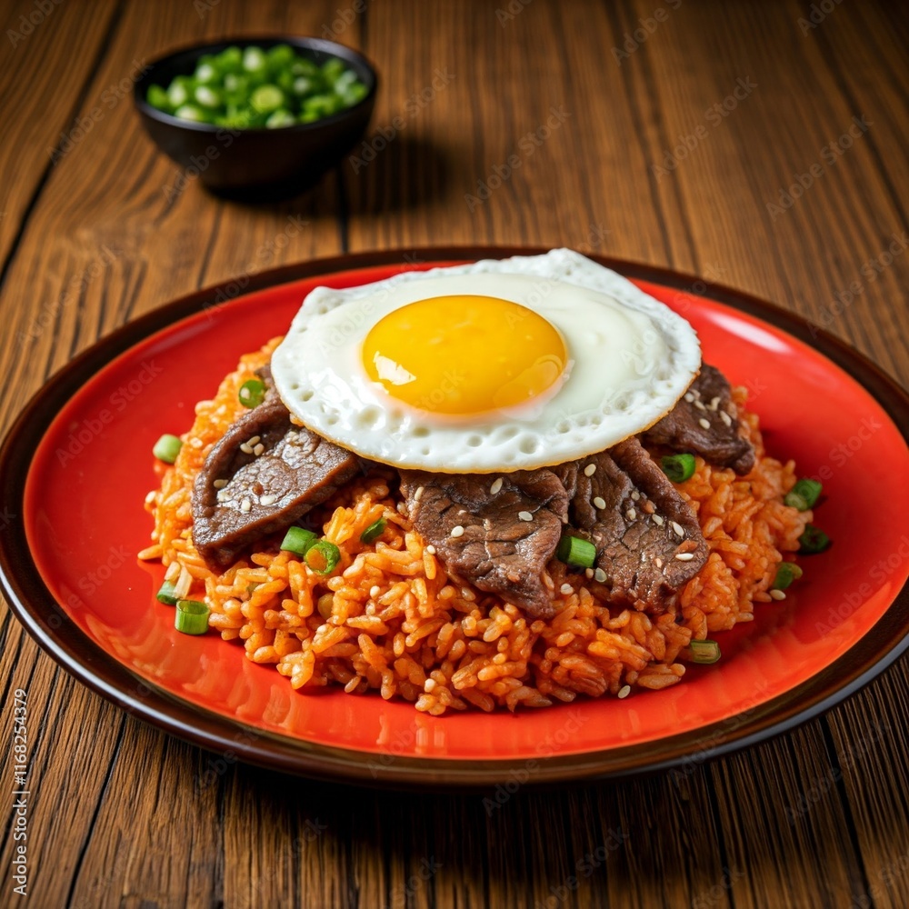 A vibrant plate of spicy fried rice topped with beef slices, green onions, sesame seeds, and a sunny-side-up egg. A vibrant plate of spicy fried rice topped with beef slices, green onions, sesame seeds, and a sunny-side-up egg.