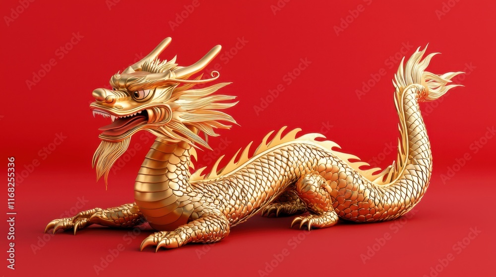Fototapeta premium A stunning golden dragon sculpture against a vibrant red background, symbolizing power and prosperity in various cultures.