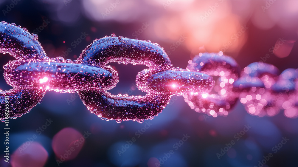 Abstract representation of blockchain technology with glowing metal links Abstract representation of blockchain technology with glowing metal links