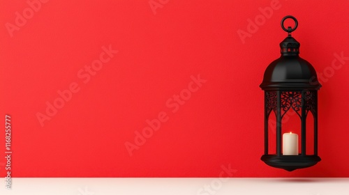 A stylish black lantern hangs on a vivid red wall, casting warm light, creating a cozy and inviting atmosphere.