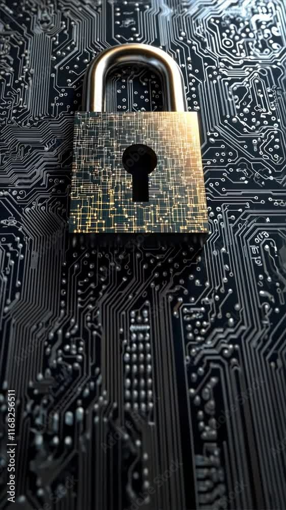 An advanced padlock on a detailed circuit board symbolizes payment ...