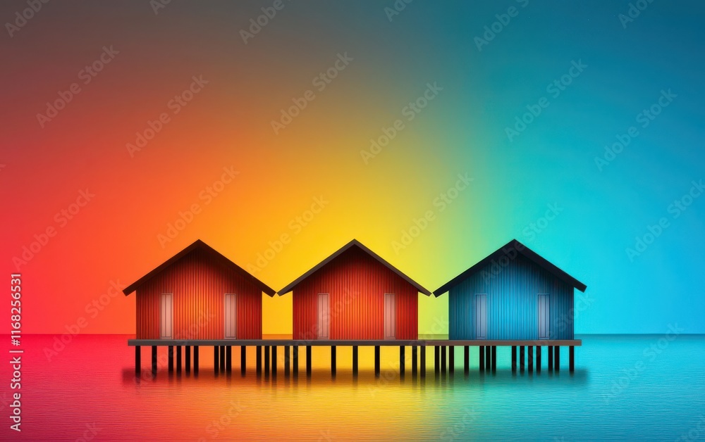 climate change impact. A vibrant poster showing glowing houses on stilts surrounded by water