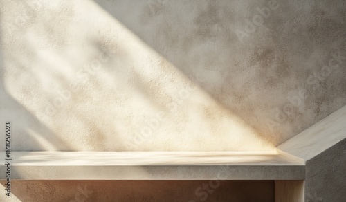 Sunlight illuminates a minimalist beige concrete shelf.