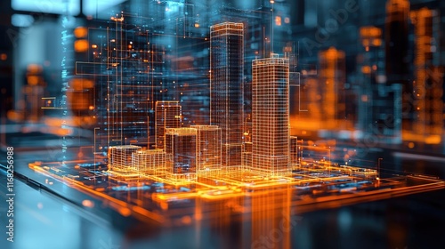 The digital metropolis is depicted in a 3D style, showcasing technological advancement and urban development