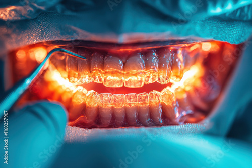 Close-up of dental examination: glowing teeth under blue light photo