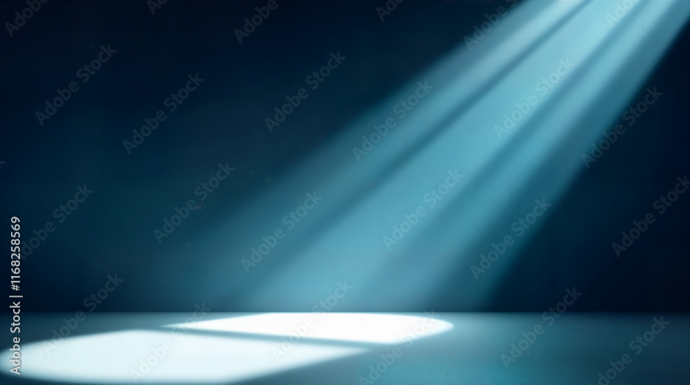 Dramatic blue light beams cutting through darkness, creating a mysterious and theatrical ambiance suitable for various creative and thematic uses