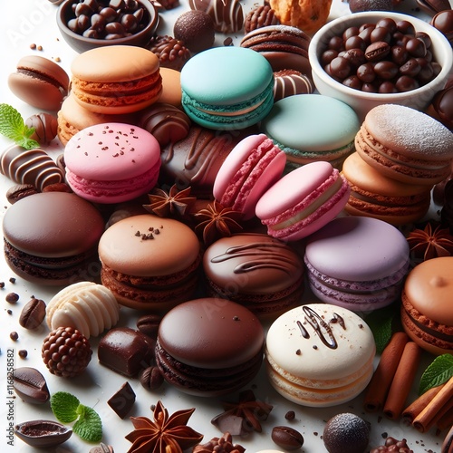 AI Generate of Assorted Chocolate Macaroons on white Background, adding a pop of fun and playfulness to any deserts.