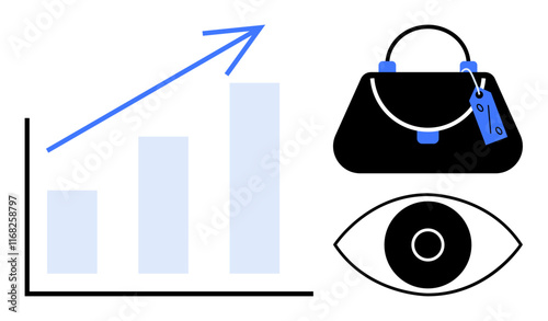 Graph with upward trend arrow, handbag with a tag, and eye icon. Ideal for market analysis, fashion trends, consumer behavior, retail strategy, branding visual merchandising sales growth. Abstract