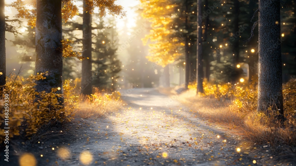 Obraz premium Enchanted Forest Pathway with Golden Sunlight and Floating Dust Particles in Autumn Season