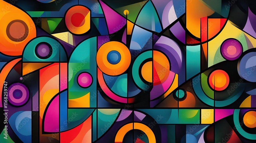 Obraz premium Abstract bright geometric shapes overlapping with vibrant colors on a dark background