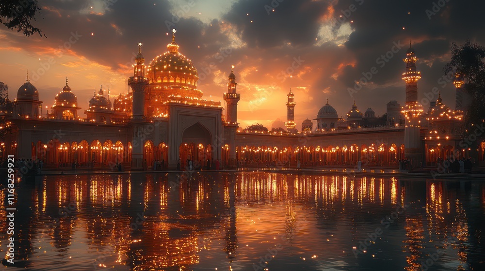 Fototapeta premium Majestic Mosque at Sunset: A Breathtaking Spectacle of Lights and Reflection