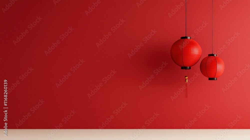 A vibrant red wall showcasing traditional hanging lanterns, symbolizing celebration and cultural heritage.