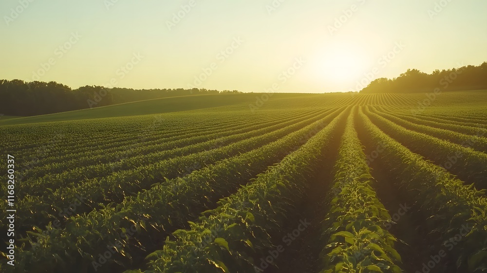 Sunlit Rows Of Green Crops In A Vast Field At Sunset Sunlit Rows Of Green Crops In A Vast Field At Sunset