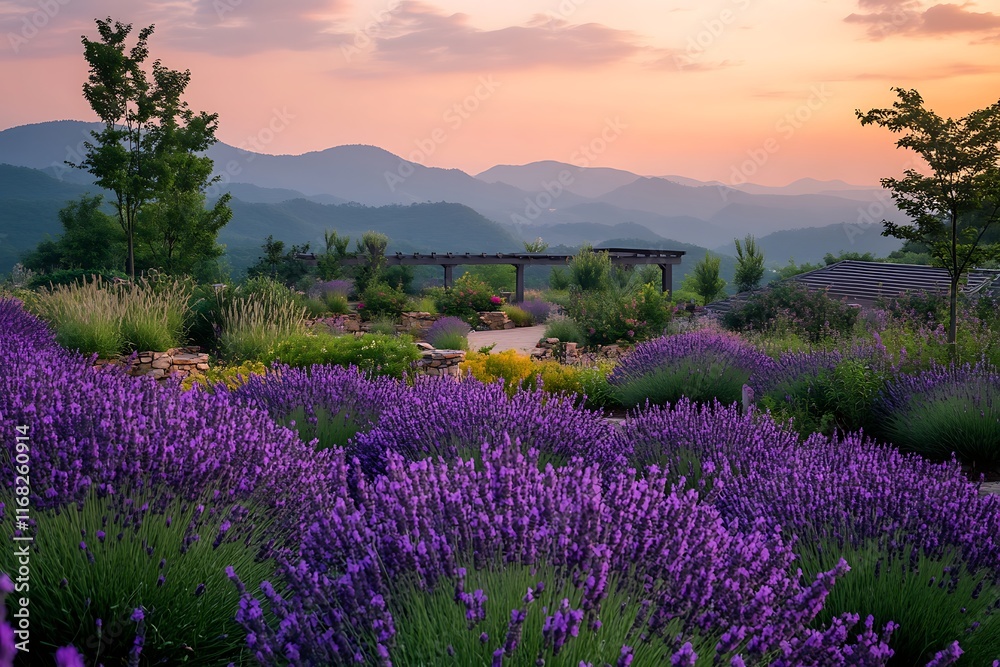 Birds-eye view of a lavender field in full bloom, showcasing vivid purple hues Birds-eye view of a lavender field in full bloom, showcasing vivid purple hues