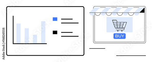 E-commerce interface showcasing shopping cart icon, buy button, and striped awning. Adjacent bar chart and tasks list indicating sales performance. Ideal for e-commerce, analytics, marketing, data