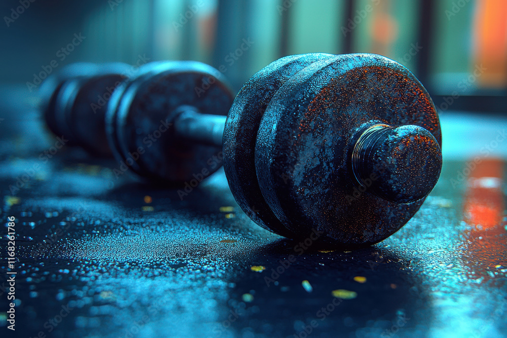 Rusty dumbbell on wet gym floor with dramatic blue lighting Rusty dumbbell on wet gym floor with dramatic blue lighting