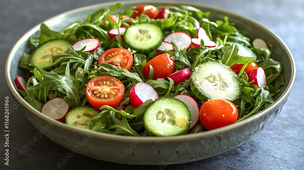 Fresh Green Salad with Cherry Tomatoes Cucumber and Radishes in a Bowl Fresh Green Salad with Cherry Tomatoes Cucumber and Radishes in a Bowl