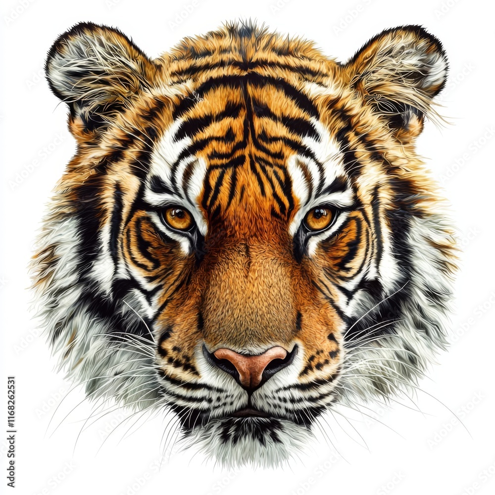 Fototapeta premium Majestic Face of a Tiger with Striking Orange and Black Stripes Against a White Background
