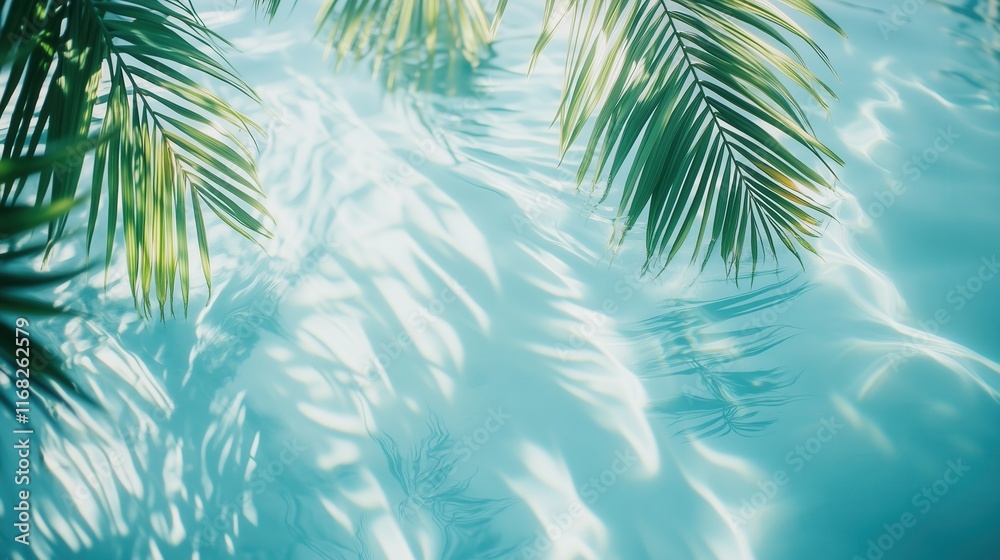 The shimmering water surface of the swimming pool reflects the palm leaves, creating beautiful ripples and reflections on a light blue background.
The shimmering water surface of the swimming pool reflects the palm leaves, creating beautiful ripples and reflections on a light blue background.