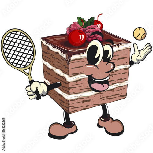 black forest cake cute cartoon isolated vector illustration character mascot playing tennis, work of hand drawn