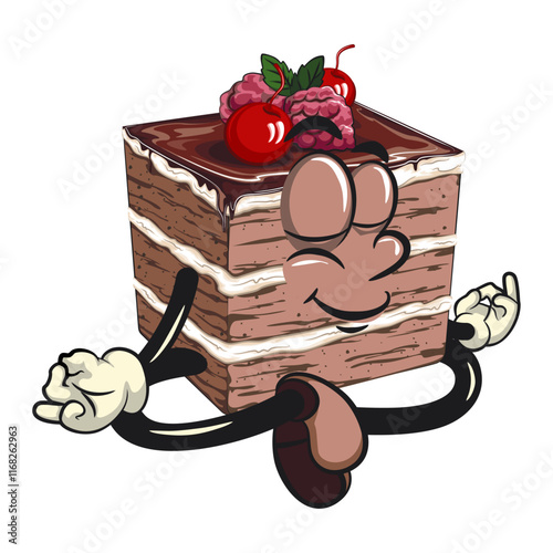 black forest cake cute cartoon isolated vector illustration character mascot meditating, work of hand drawn