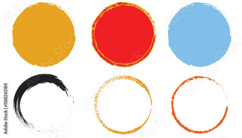 Colorful kids lines and circles set. Grungy vector circular and straight long lines. Bright childish abstract ink brush art shapes. Hand drawn grungy textures set. Dirty distressed shapes..for Card, W photo